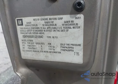 2001 GMC Yukon Xl 1500 Denali z USA, uszkodzony, nr VIN 1GKFK66U81J310947